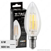 V-Tac VT-2127 Lampadina LED E14 6W Candle Bulb C35 Candela Filament Vetro Trasparente - SKU 217423 / 217424 / 217425 - Colore : Bianco Caldo