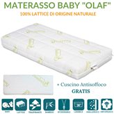 EverGreenWeb Materasso Lettino o Culla 100% Lattice per Bambini h 12 cm con Cuscino Antisoffoco su misura in omaggio, Rivestimento Sfoderabile Tessuto in Fibra di BAMBOO Anallergico Lavabile | OLAF