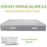 EverGreenWeb Materasso a Molle INSACCHETTATE Indipendenti e Waterfoam Alto 25 cm + CUSCINI Memory GRATIS, Ortopedico Extra Comfort con Lastra Zone Differenziate Rivestimento Tessuto Antiacaro Silver&Life - POCKET SPRING SILVER