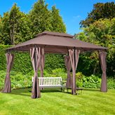 Gazebo in Acciaio con Doppio Tetto e Tende Impermeabili Color Cachi 4 x 3 m