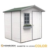 Casetta in legno color mis. 222 x 222 cm 1 porta 1 finestra - Pavimento : incluso- Maniglia con apertura  : a destra- Colore principale:  : Bianco Cerato ( +€ 20,00)- Rifiniture: : Grigio Cerato ( + € 1,00)- Guaina ardesiata : Rossa