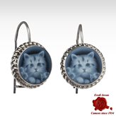 Blue cat cameo earrings silver