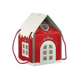 Scatola Casetta con decori di Natale in Cartone Rosso cm24,5x 24,5x15